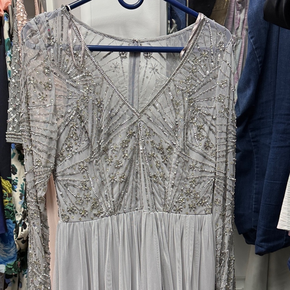 Adrianna Papell Silver Beaded Long Sleeve Dress
